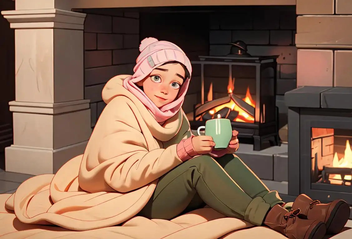 Cozy scene of a young person wearing a Melon-themed beanie, wrapped in a warm blanket, enjoying a hot drink by a fireplace..