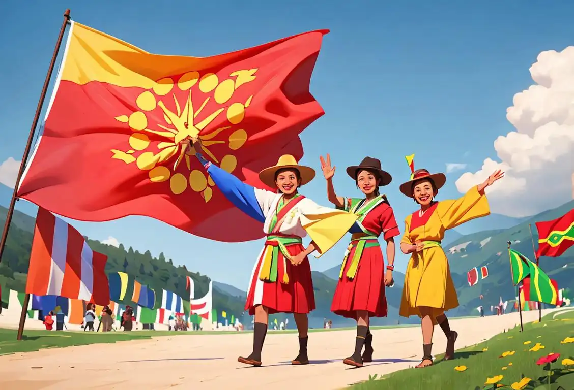 A group of people dressed in vibrant cultural attire, smiling and waving national flags in a scenic outdoor setting..