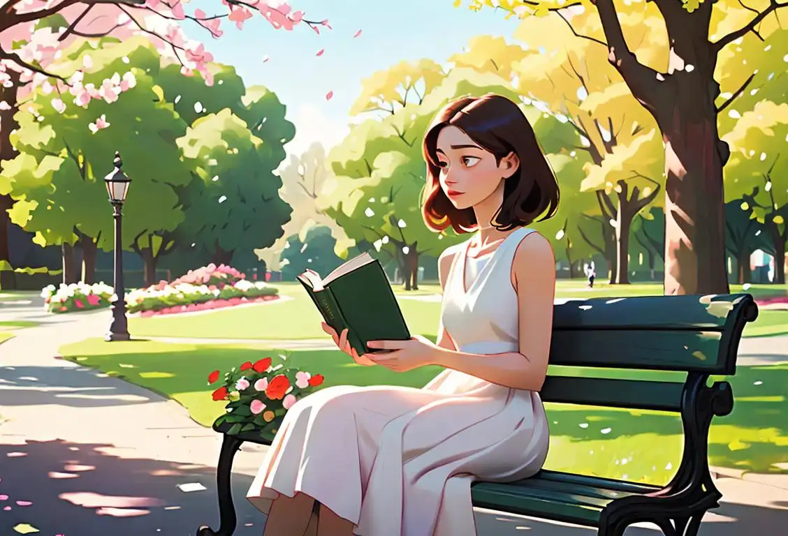 Young woman sitting on a park bench, reading a book of poetry, surrounded by blooming flowers and wearing a flowy dress..
