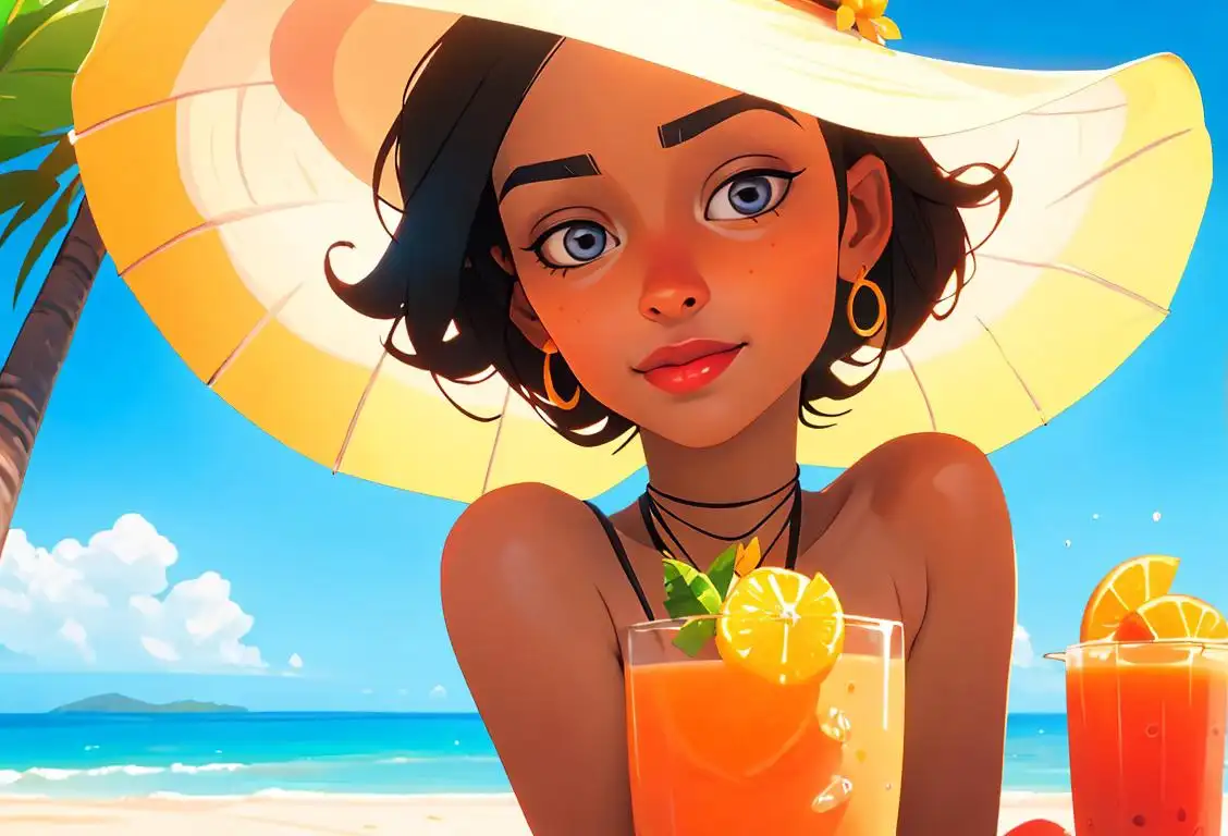 Juice lover enjoying a fresh squeezed glass of citrus juice, wearing a colorful sun hat, tropical beach scene, surrounded by an abundance of fruity flavors..