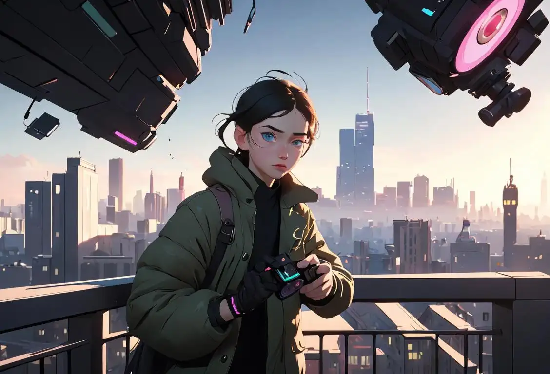 Young person in futuristic clothing, holding a wearable tech device, against a backdrop of a bustling cityscape..