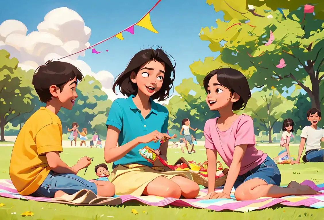 A happy family of four playing in a sunny park, dressed in casual summer outfits, with a picnic blanket and a kite in the background..