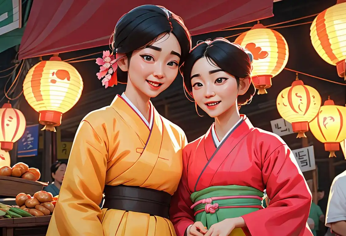 A joyful scene of people wearing hanbok, the traditional Korean clothing, in a vibrant market filled with delicious street food and beautiful lanterns..