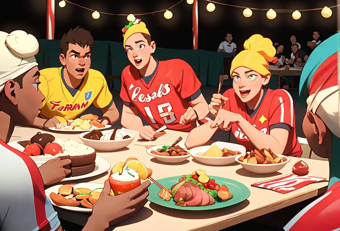 Group of people wearing team jerseys, enjoying a spread of delicious food, in a festive and energetic sports-themed setting..