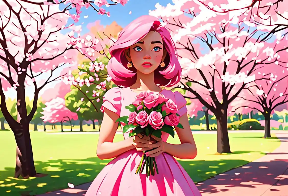 Young woman wearing a pink dress, holding a bouquet of pink roses, standing in a park full of blooming cherry blossom trees..