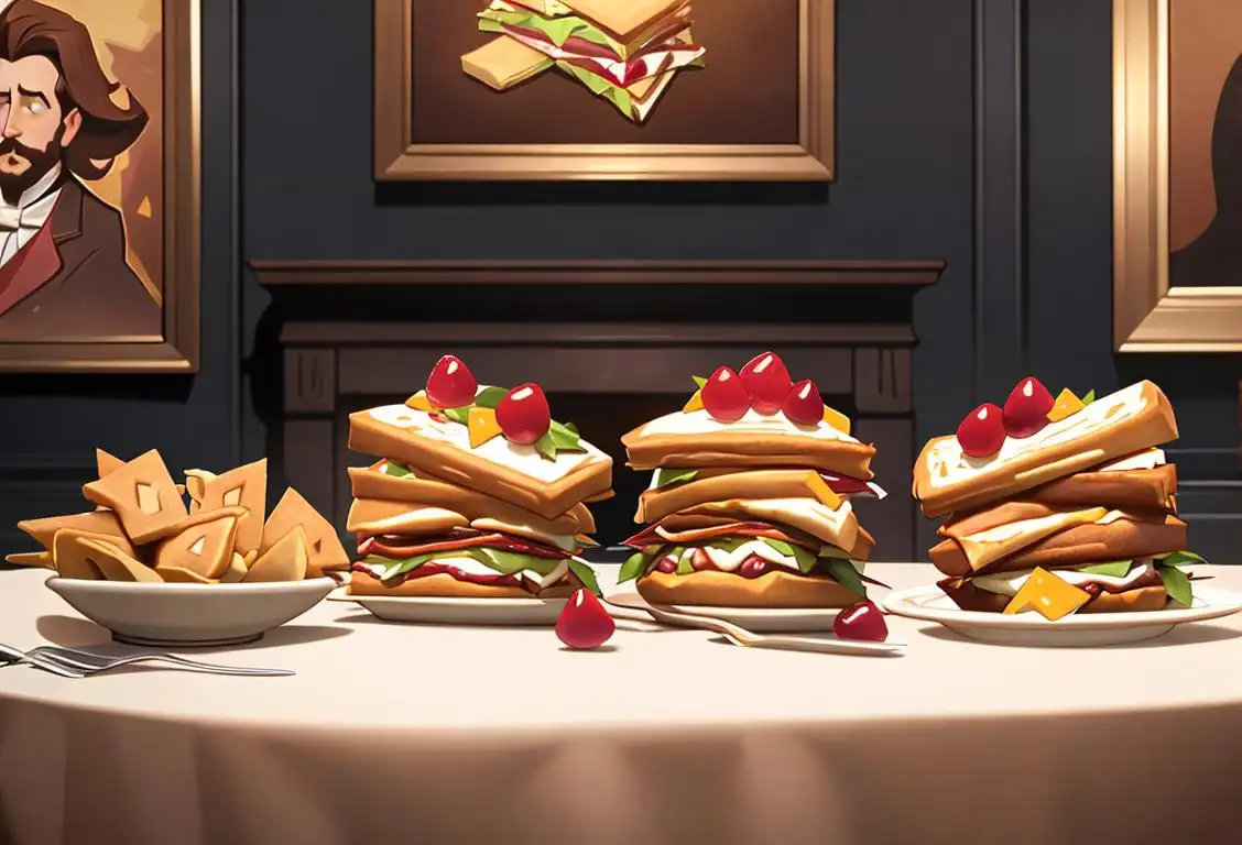 A family sitting around a table, enjoying a delicious stack of Monte Cristo sandwiches. The table is decorated with festive colors and everyone is wearing their favorite food-themed accessories..
