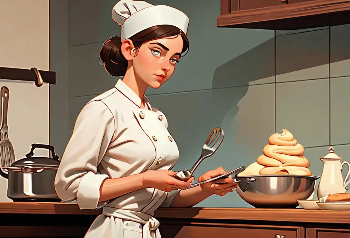A young woman wearing a chef's hat, holding a bowl of baking soda, surrounded by vintage kitchen utensils and a retro kitchen scene..