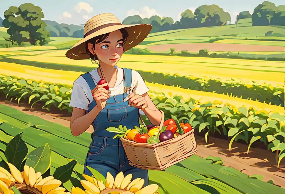 A farmer wearing overalls, with a straw hat, surrounded by bountiful fields of crops and holding a freshly-picked basket of produce..