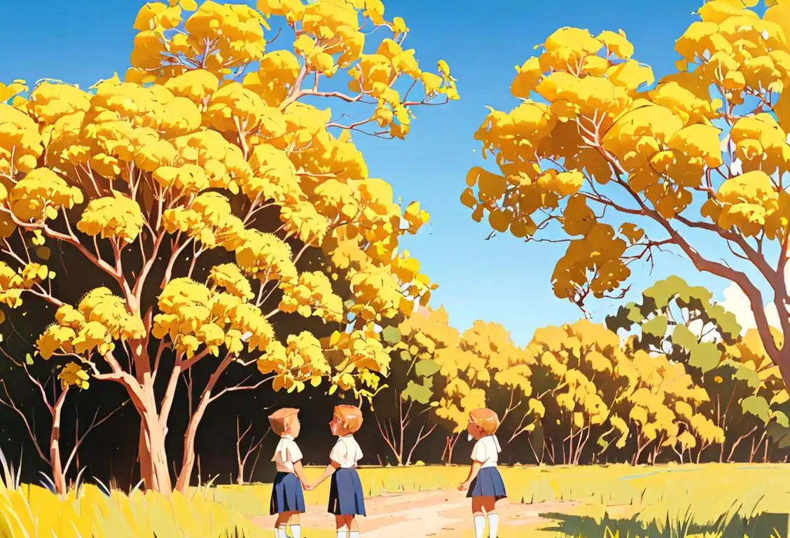 Golden wattle branches against blue sky, children in school uniforms, Australian outback setting..