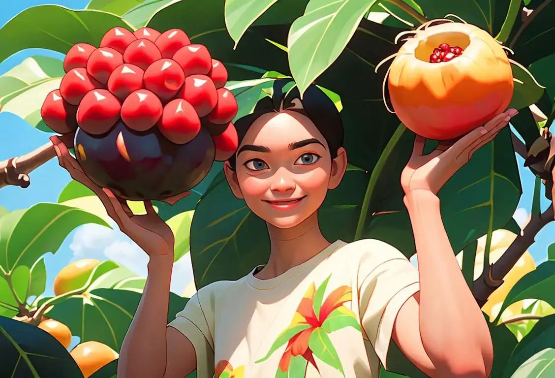 A smiling person holding a rambutan fruit, wearing tropical-inspired clothing, surrounded by lush greenery..