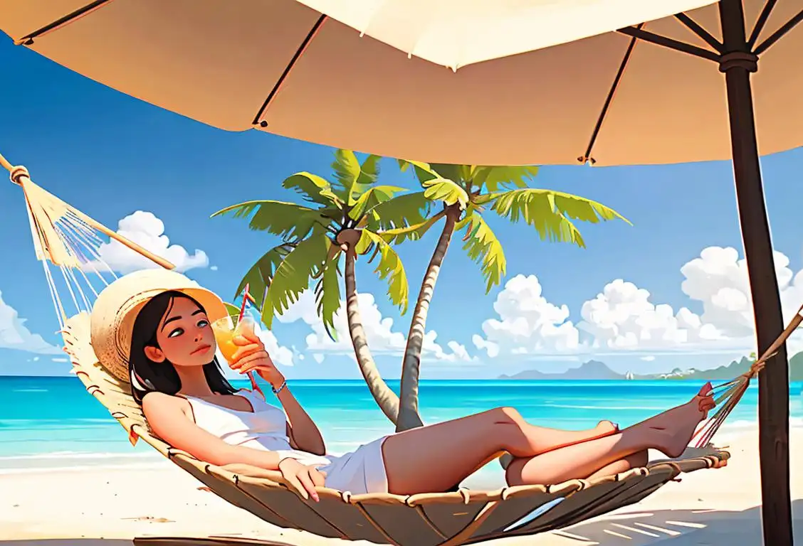 Person lying on a hammock in a tropical paradise, wearing a straw hat, sipping a refreshing drink, surrounded by palm trees and a calm ocean view..