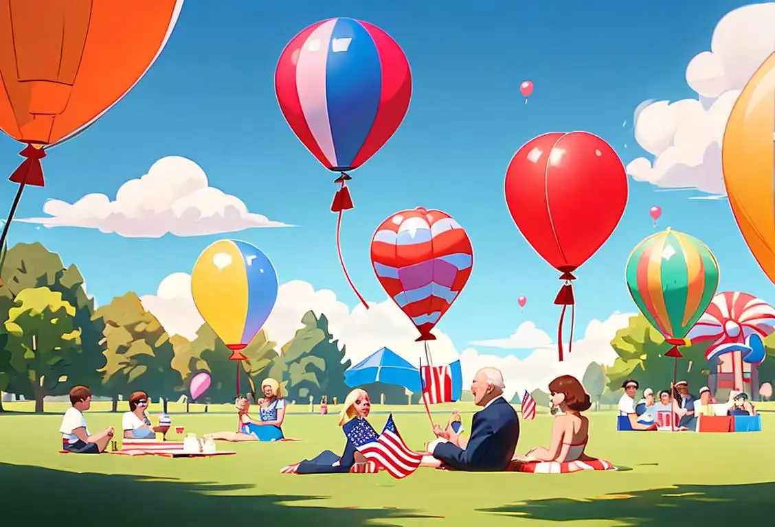 A cheerful group of people wearing patriotic clothing, having a picnic in a scenic park, with colorful balloons and American flags in the background..