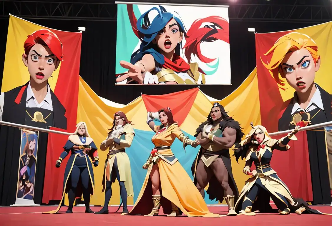 Group of cosplayers in elaborate costumes, striking dynamic poses in a convention center surrounded by vibrant banners and exciting props..