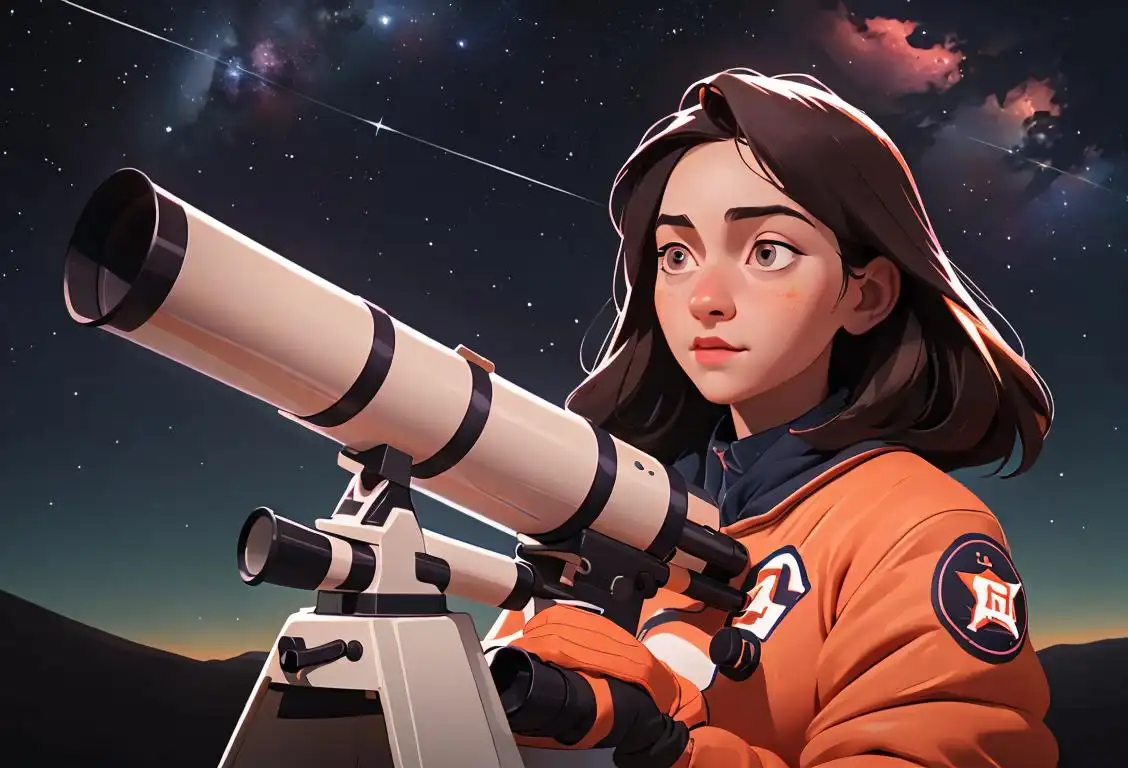 A young woman wearing a stargazing outfit, with a telescope and a starry background, embracing the spirit of National Astros Day..
