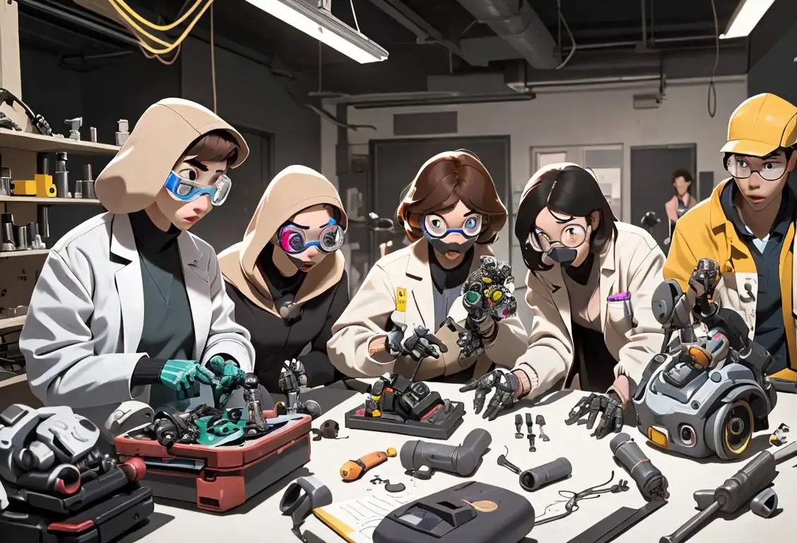 A group of diverse young adults working together, wearing lab coats and safety goggles, with various robotic parts and tools scattered around them..