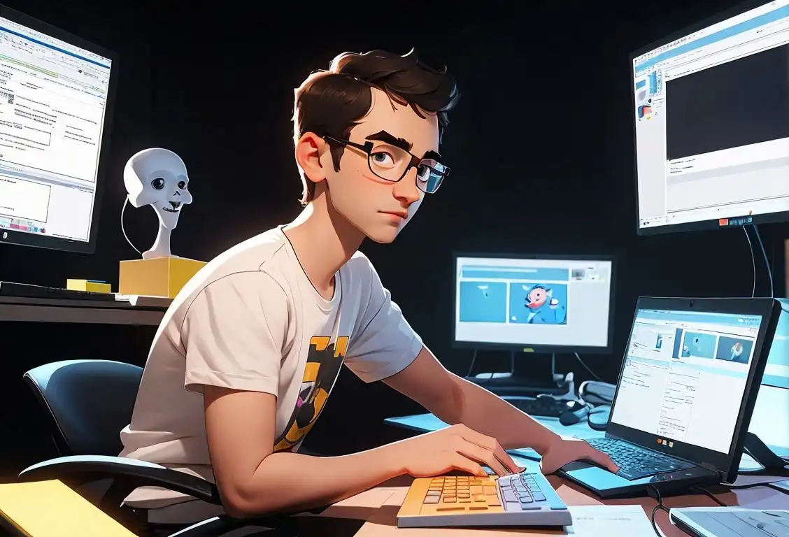 A young programmer, wearing a geeky t-shirt, glasses, surrounded by computer screens, coding away in a modern tech office..
