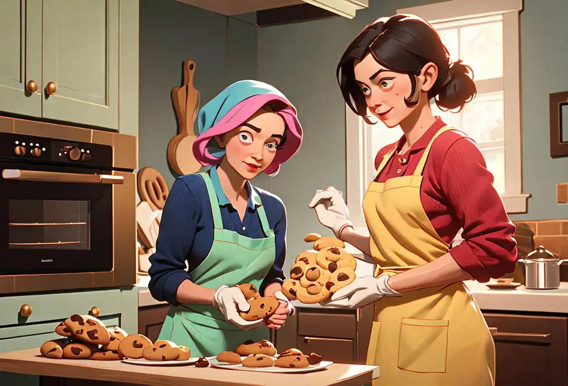 Baking friends exchanging cookies; cozy kitchen scene with colorful aprons, oven mitts, and tasty treats..