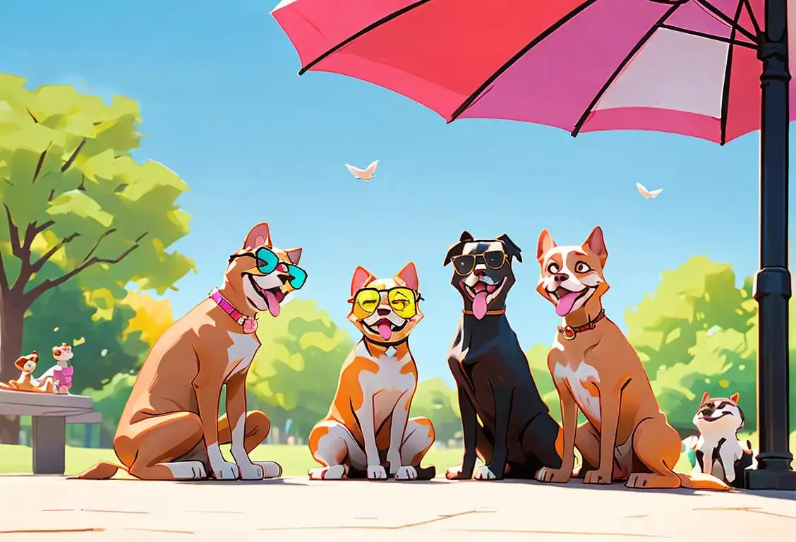 A joyful group of friends sitting in a park, wearing trendy sunglasses and colorful summer outfits, celebrating National updog Day with laughter and excitement..