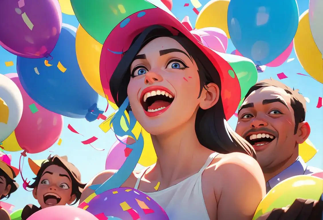 Cheerful person wearing a party hat, surrounded by confetti and balloons, with a diverse group of friends laughing and having fun in a vibrant outdoor setting..