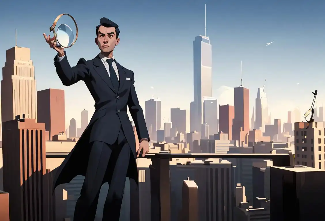 A confident detective in a sleek suit, holding a magnifying glass, standing in front of a city skyline, waving a national flag..