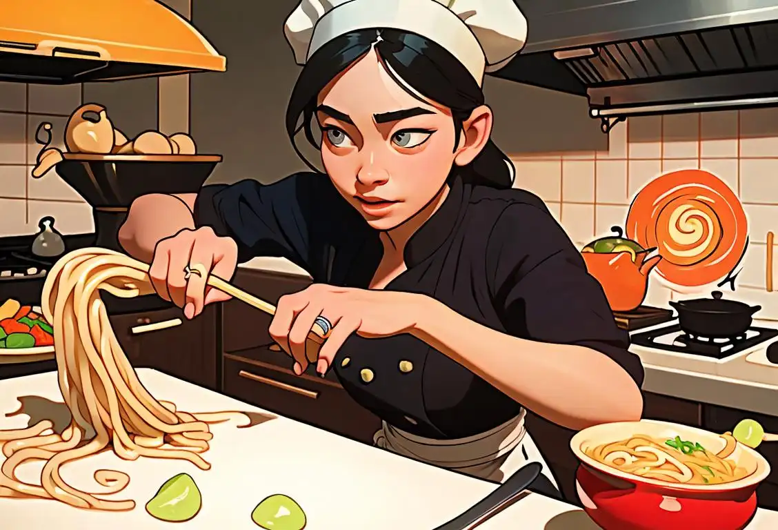 Young person twirling a noodle ring on a fork, wearing a chef's hat, colorful kitchen scene..