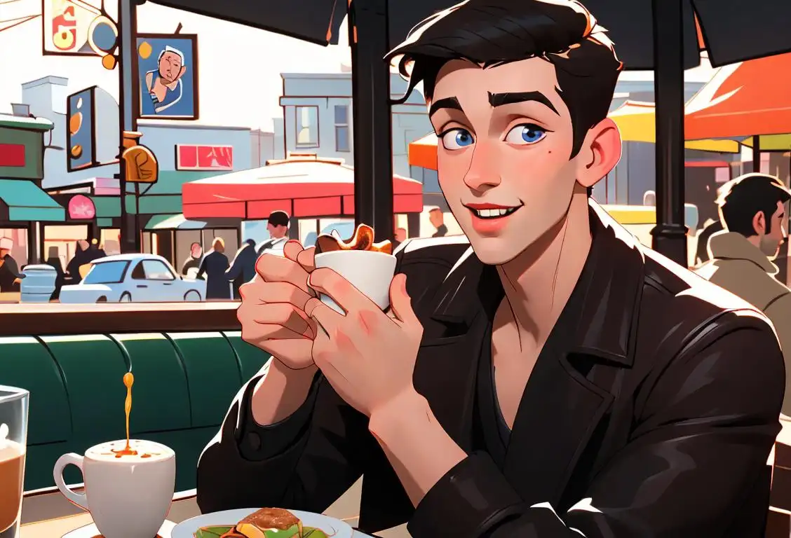 Cheerful young man, dressed in trendy attire, enjoying a hot beverage at a bustling city cafe, capturing the essence of National Hot Boy Day..
