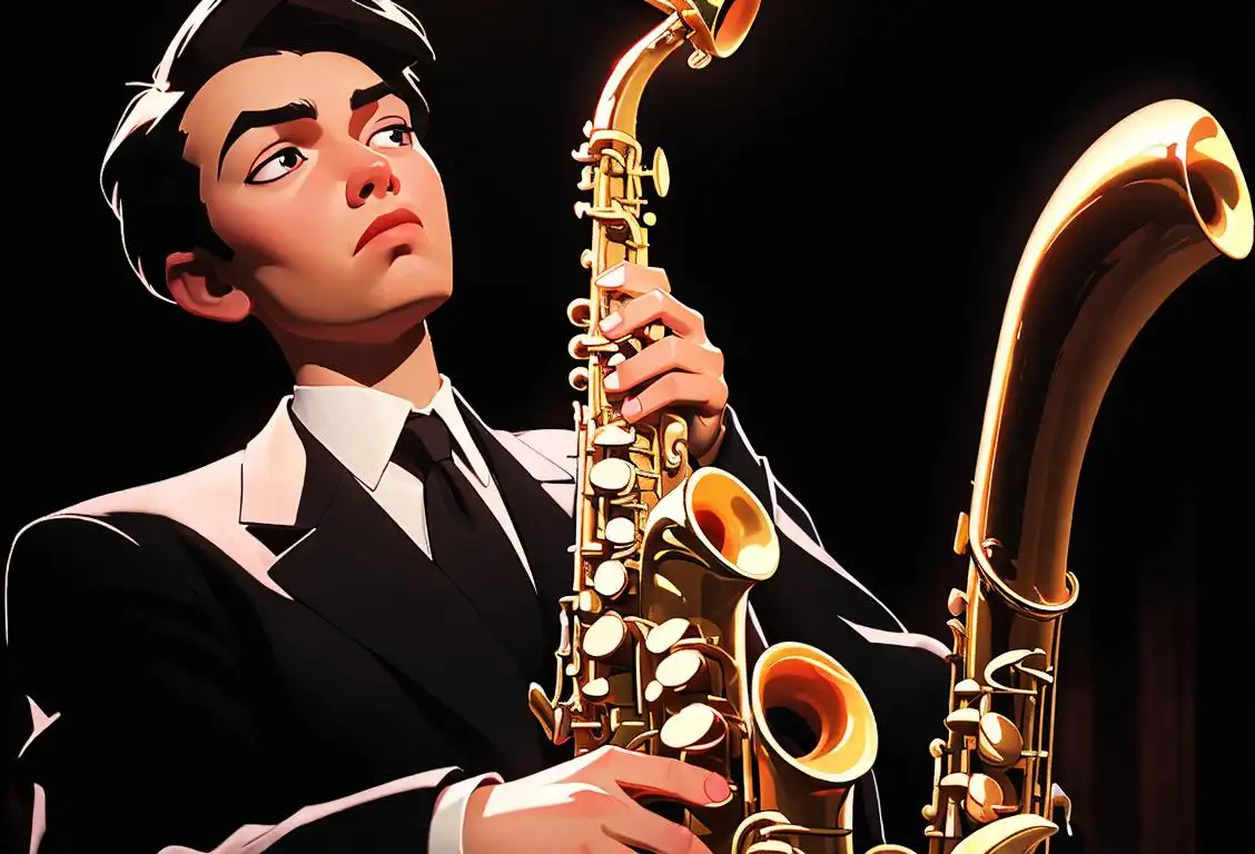 Young saxophonist playing a vibrant tune, wearing a classic black suit, surrounded by a dimly lit jazz club atmosphere..