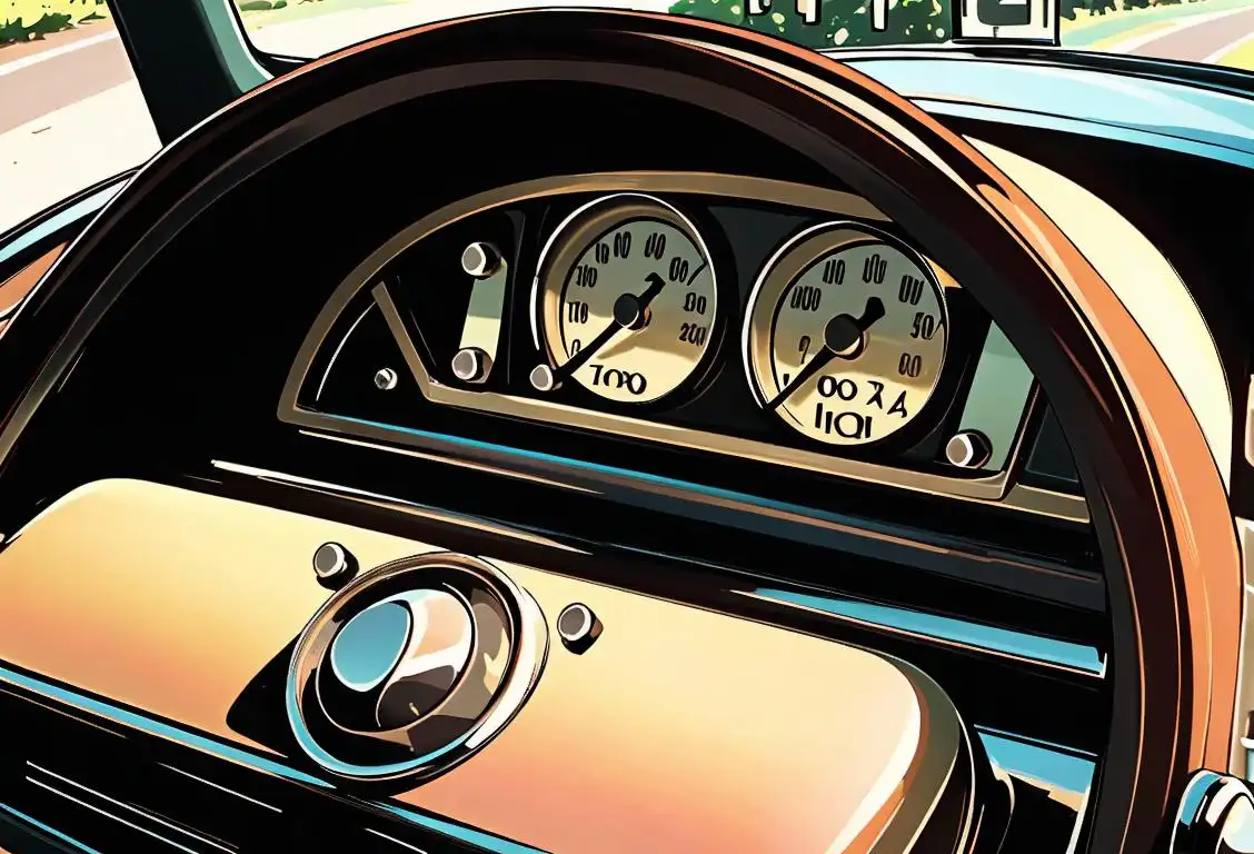 A vintage car dashboard with a close-up of an odometer displaying a memorable number, surrounded by retro accessories and a scenic road in the background..