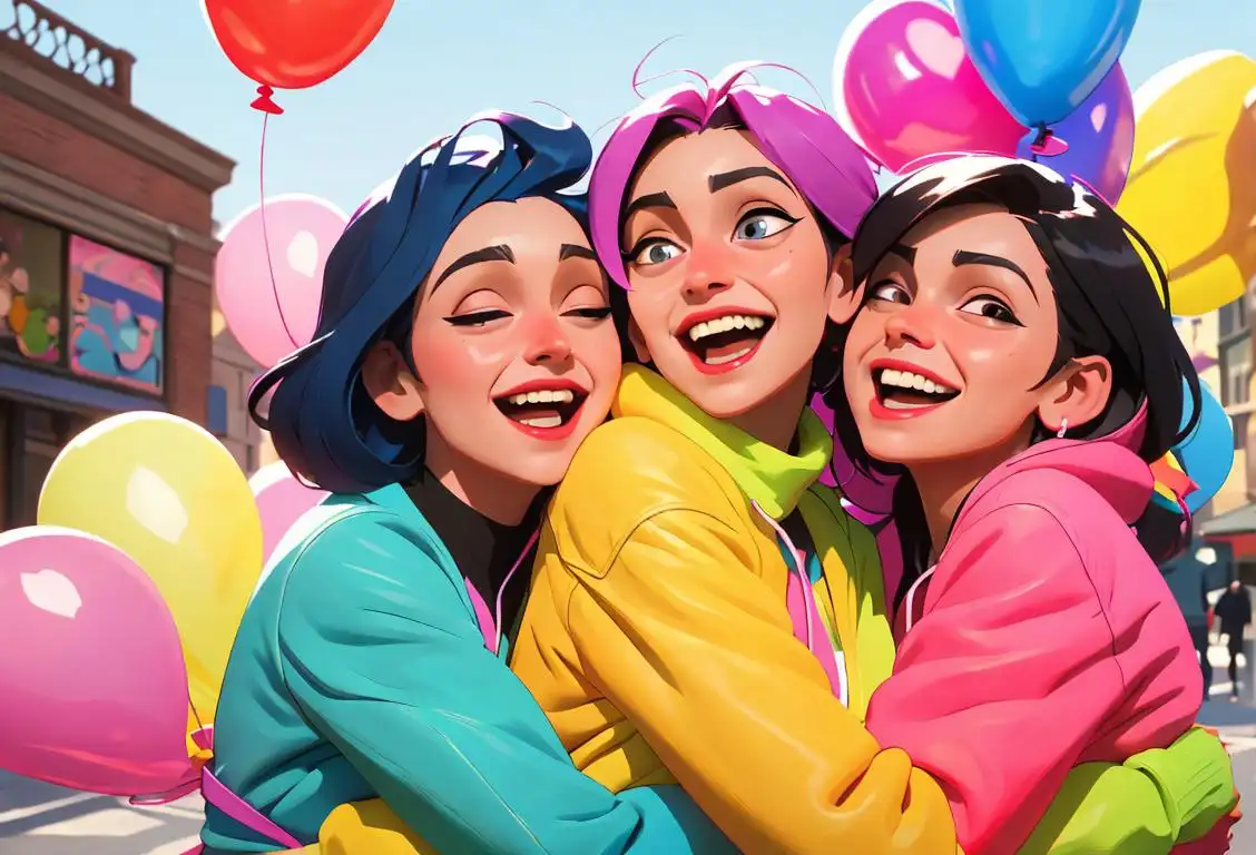 Group of diverse friends hugging and laughing, wearing trendy clothes, urban street scene with colorful balloons..