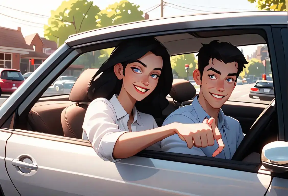 Young man and woman in a car, smiling and receiving food from a drive-thru window, wearing casual clothes, modern car in a suburban setting..