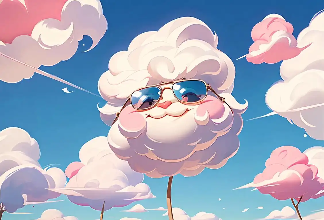 Fluffy white cloud with a smiling face wearing sunglasses, floating in a vibrant blue sky, surrounded by cotton candy trees..