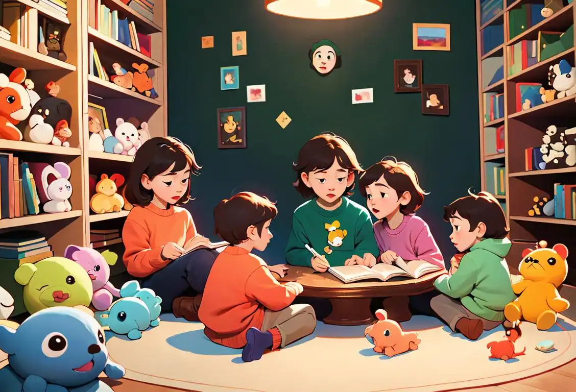 Children sitting in a circle, wearing cozy sweaters, surrounded by colorful books and stuffed animals..