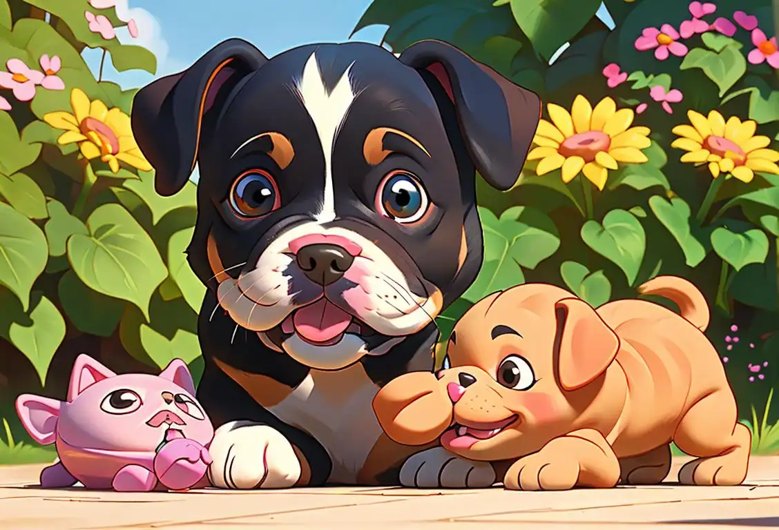 Adorable puppy with a wagging tail and wet nose, surrounded by colorful toys in a sunny garden..