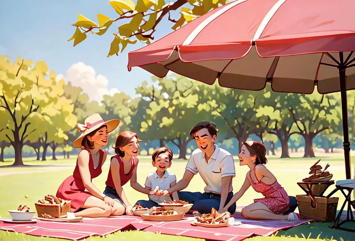 Joyful family gathering around a freshly baked pecan pie, vibrant summer attire, picnic setting with laughter and sunshine..