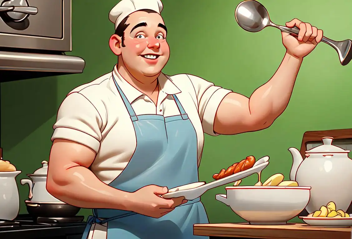 A happy chef in a clean, white apron frying up a delectable dish in a retro-style kitchen reminiscent of the 1950s..