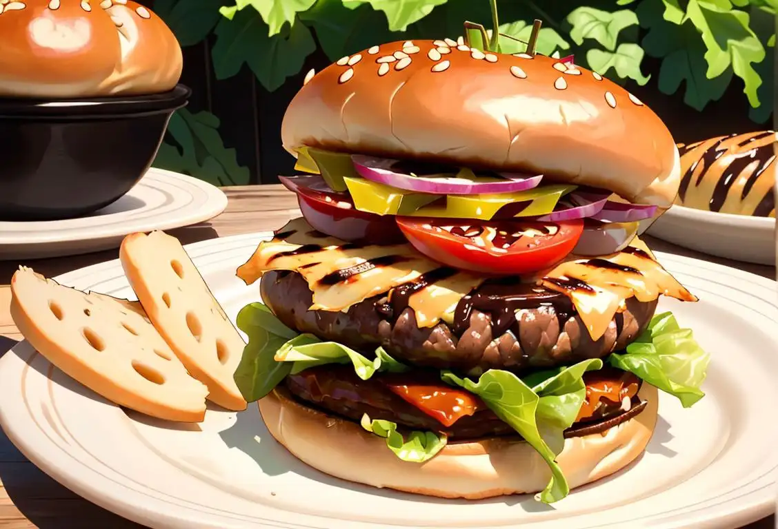 A mouthwatering, perfectly grilled hamburger topped with crispy lettuce, juicy tomato slices, and melted cheese, served on a sesame seed bun. The scene features a friendly backyard barbecue with friends and family, enjoying summer vibes..
