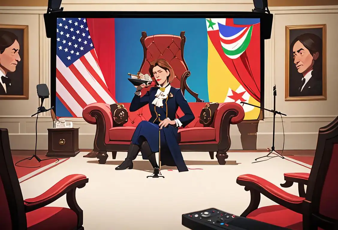 A person sitting in a TV studio, with a large gavel in hand, surrounded by flags and microphones..
