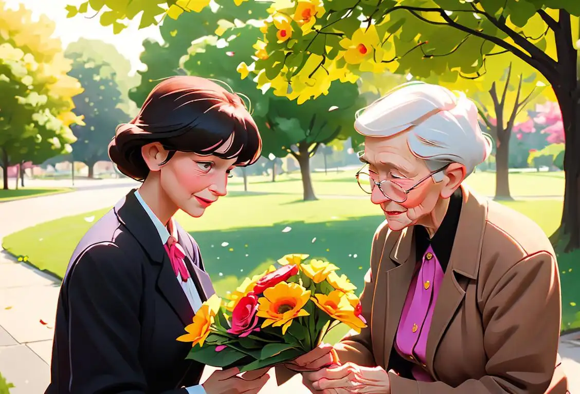 Young person handing a bouquet of flowers to an elderly person, both dressed in vintage fashion, park setting..