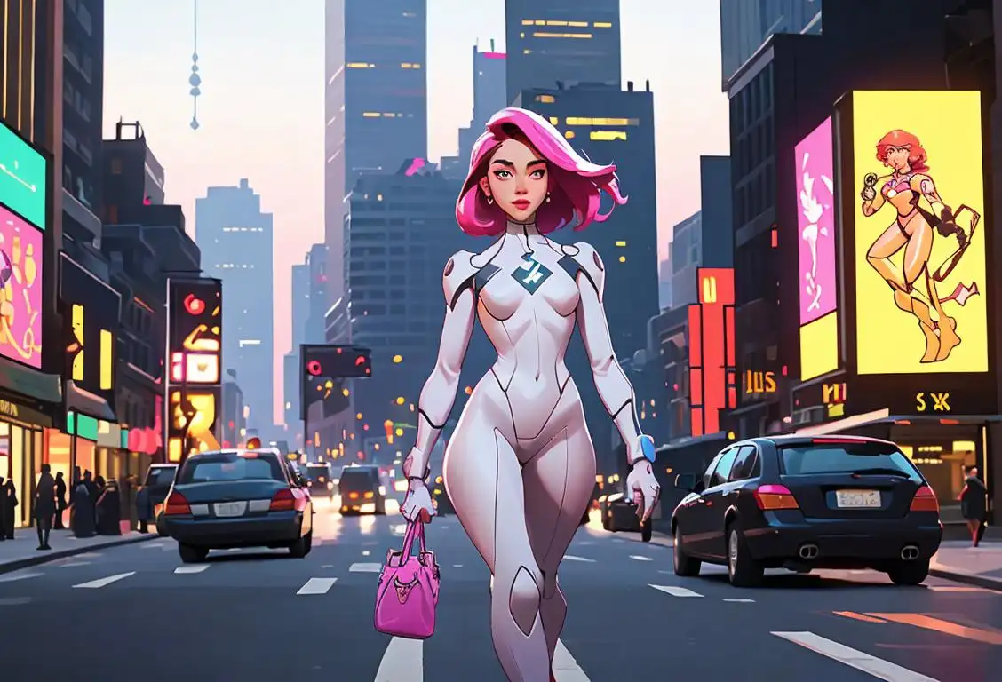 Young woman in a power suit, confidently walking down a city street, surrounded by vibrant city lights and skyscrapers..