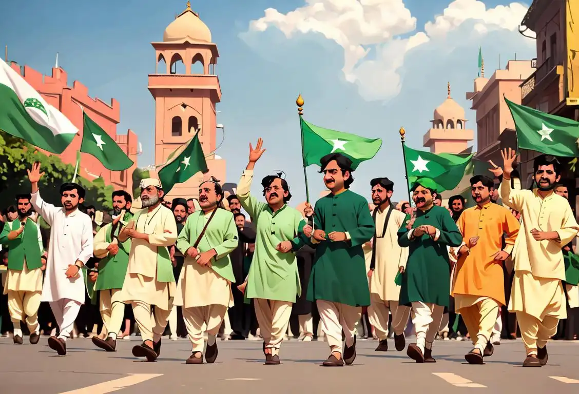 Young people waving Pakistani flags, dressed in traditional Pakistani clothing, in a vibrant street parade with a backdrop of iconic Pakistani landmarks..