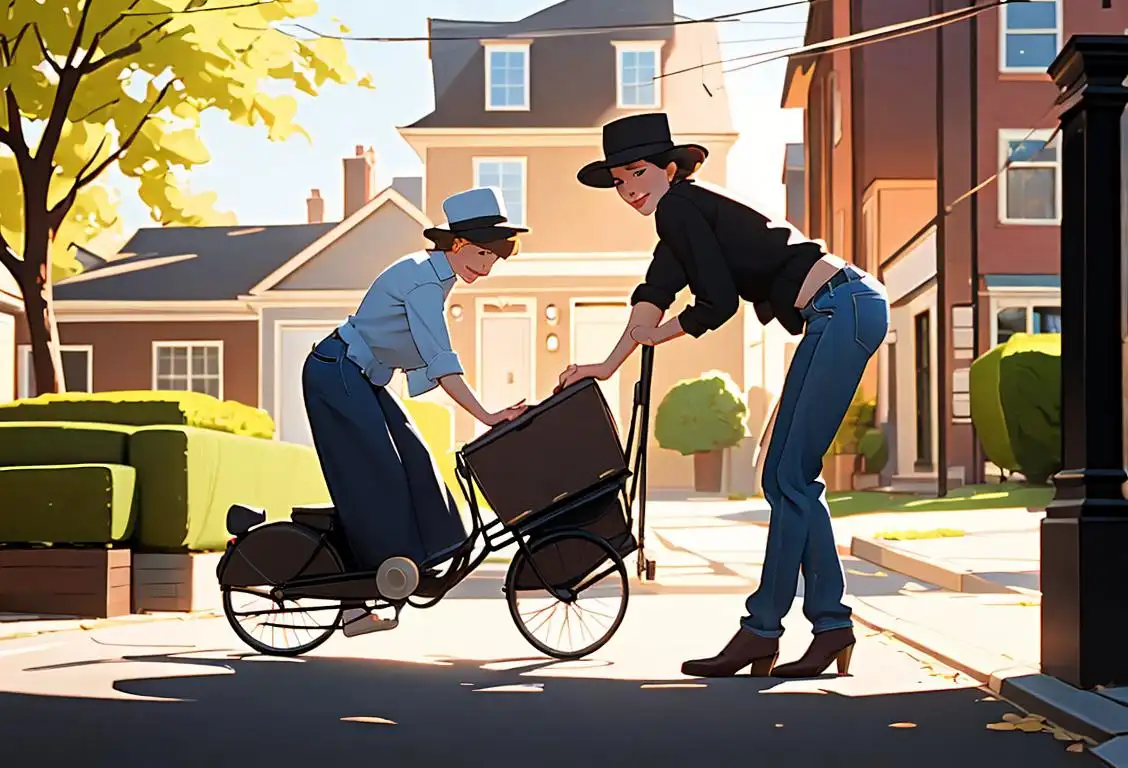 Two people helping each other move furniture, one wearing a stylish hat and the other in casual clothing, amidst a sunny neighborhood backdrop..