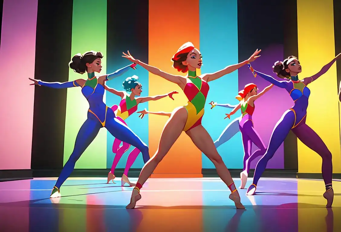 A group of diverse dancers, wearing colorful costumes, striking dynamic poses, in a studio with mirrored walls..