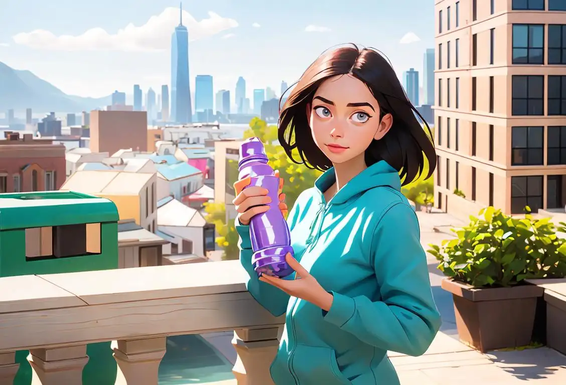 Young woman holding a reusable water bottle, wearing a trendy eco-friendly outfit, vibrant city backdrop..