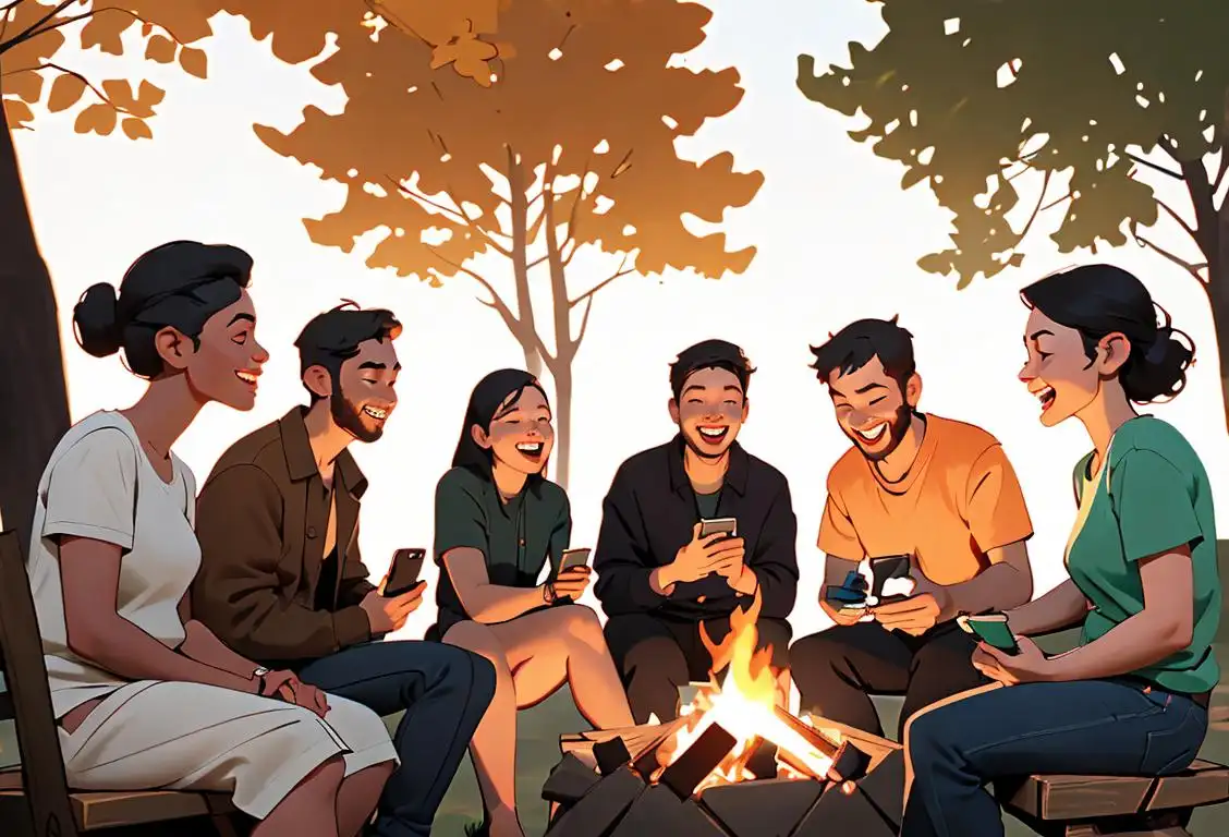 A diverse group of people sitting around a bonfire, laughing and chatting, with their phones turned off. Casual attire, outdoor setting..