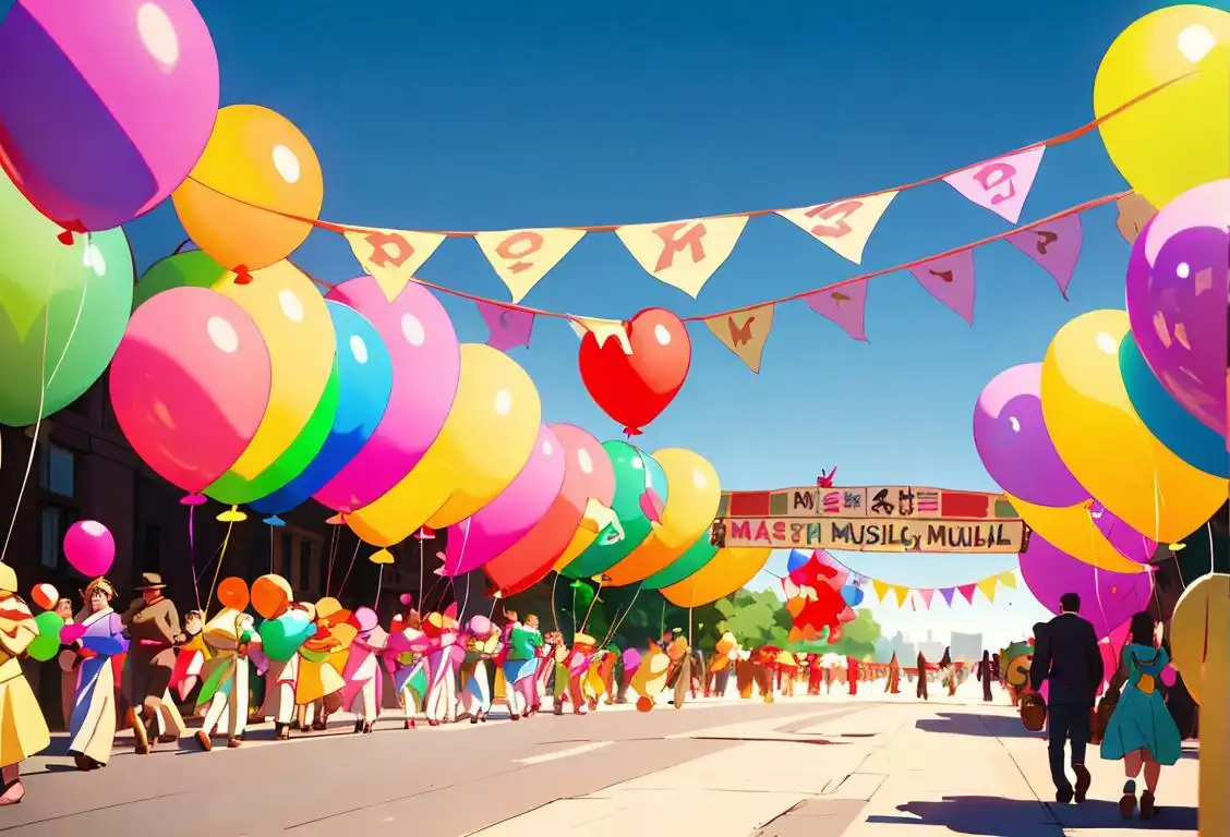 Group of people marching happily with banners and balloons, wearing colorful outfits and carrying musical instruments, street festival environment..