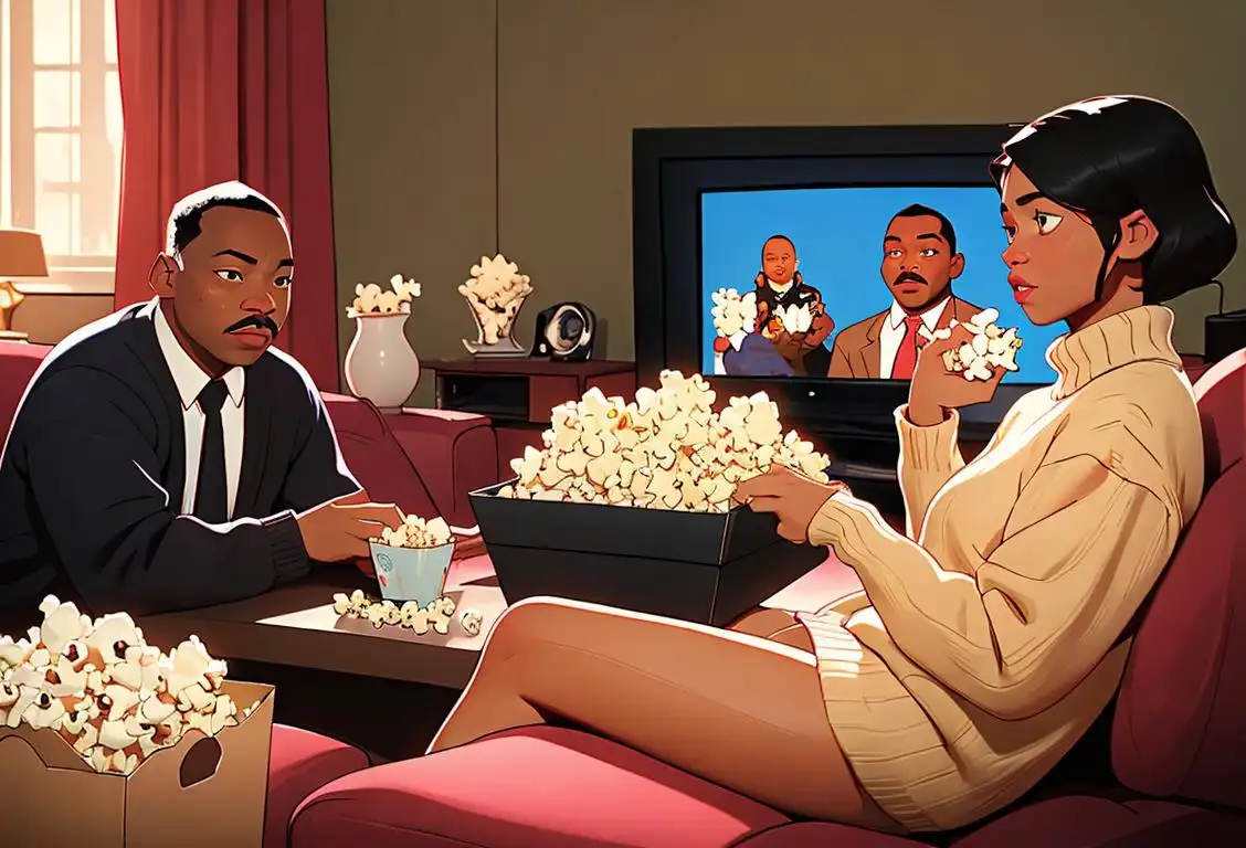 A diverse group of people gathered around a TV, wearing cozy sweaters, popcorn in hand, watching a documentary about MLK, with a cozy living room setting..