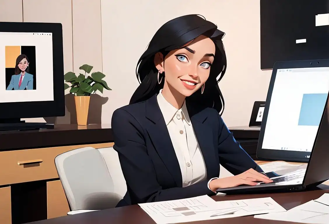 Young woman in a stylish business attire with a confident smile, holding a laptop, surrounded by a modern office setting..