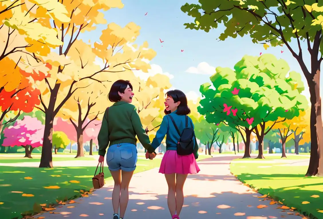 Two best friends taking a walk in a colorful park, wearing matching friendship bracelets, laughing and enjoying each other's company..