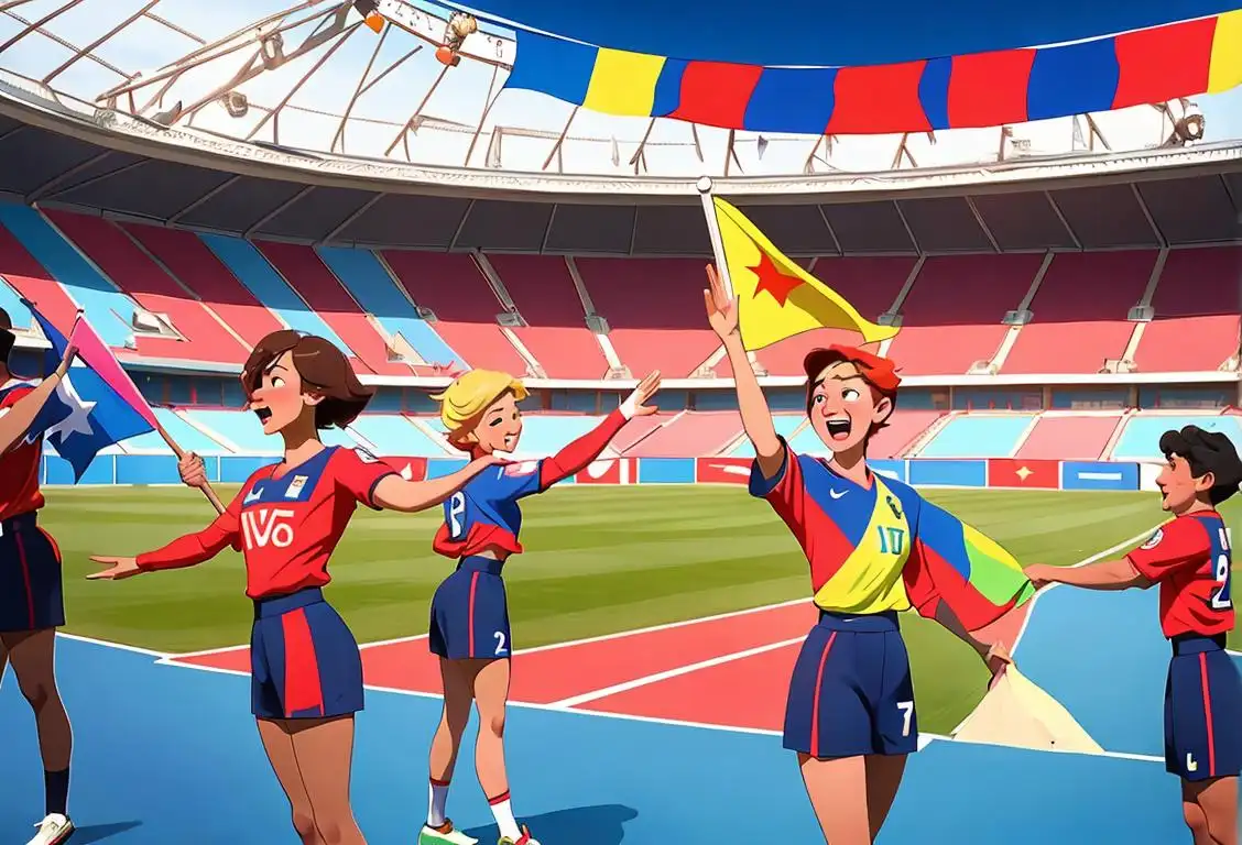 A diverse group of people gathered at a national stadium, cheering passionately, wearing colorful team jerseys and waving flags from different countries..
