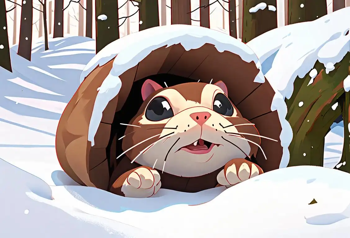 Adorable groundhog popping out of a snowy burrow with children wearing cozy winter clothes and a snowy forest in the background..